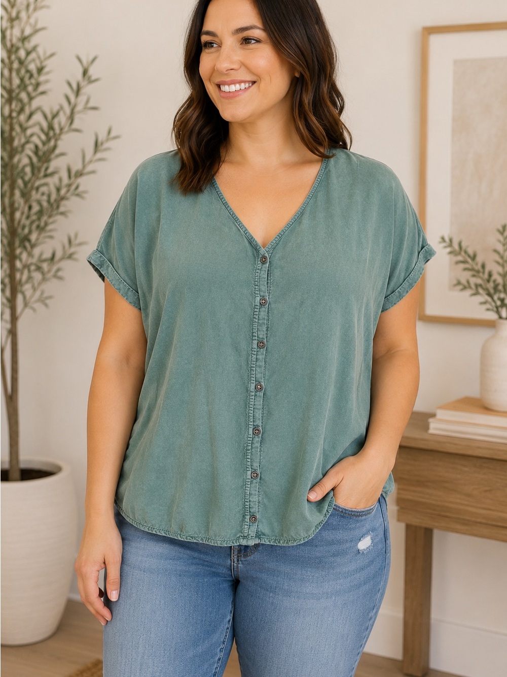 Women’s V-Neck Button Front Blouse - Green
